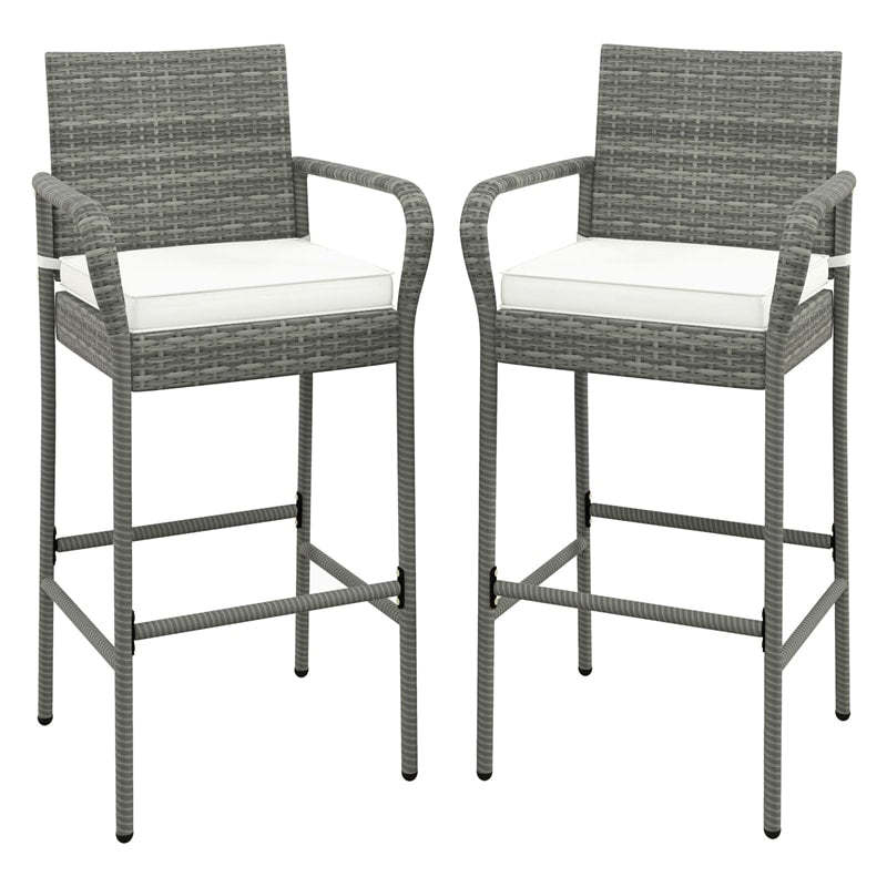 Patio Wicker Bar Stools Set of 2 Heavy Duty Frame Outdoor PE Rattan Bar Chairs 29.5" High Back Barstools with Armrests & Soft Cushions
