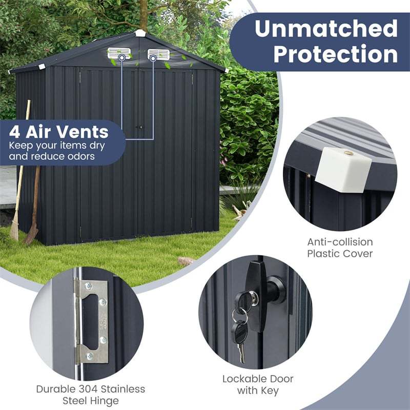 6.3' x 3.5' Outdoor Metal Storage Shed, Galvanized Steel Utility Tool Storage House Waterproof Garden Shed with 4 Vents Lockable Doors