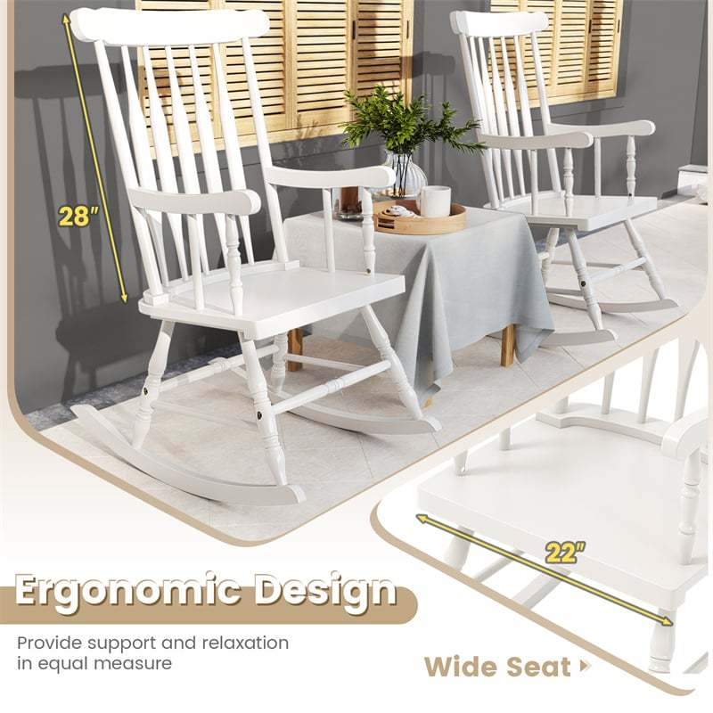 Solid Rubber Wood Patio Rocking Chair, Outdoor Porch Rocker with Slat Back & Glossy Finish for Garden, Backyard, Indoor Use
