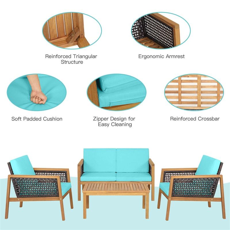 4-Piece Acacia Wood Outdoor Furniture Set, Rattan Patio Sofa with Cushions & Coffee Table, PE Wicker Conversation Set for Garden & Backyard