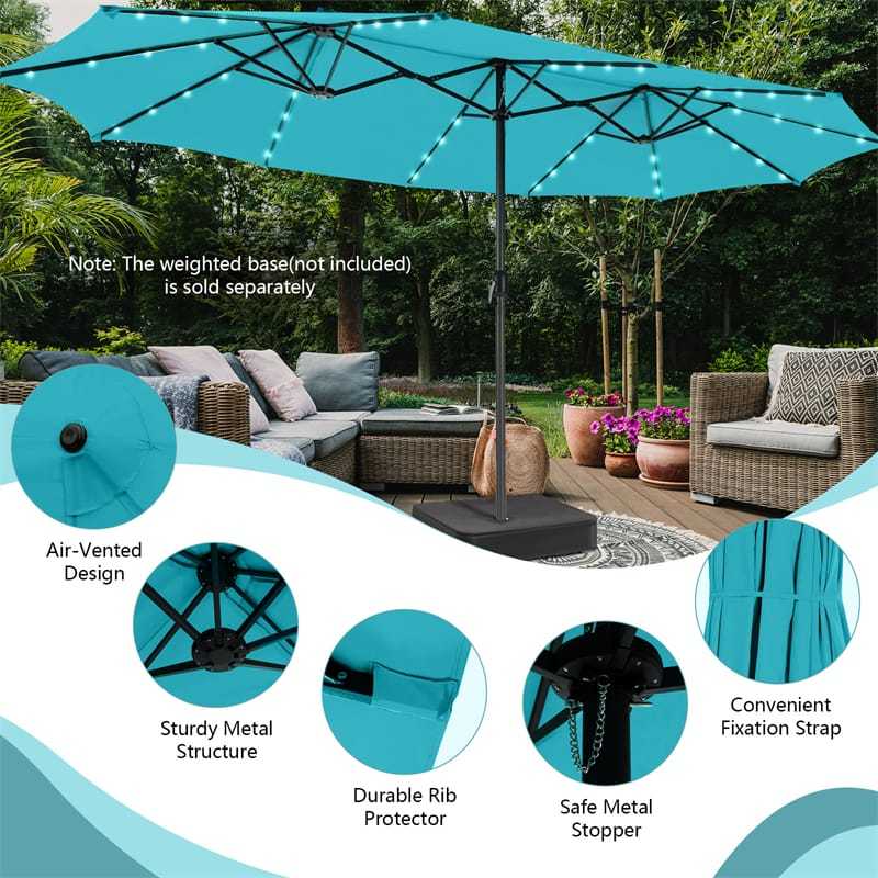 15FT Double-Sided Patio Umbrella with 48 Solar LED Lights & Crank Handle, Extra Large Outdoor Market Umbrella for Poolside, Deck, Backyard
