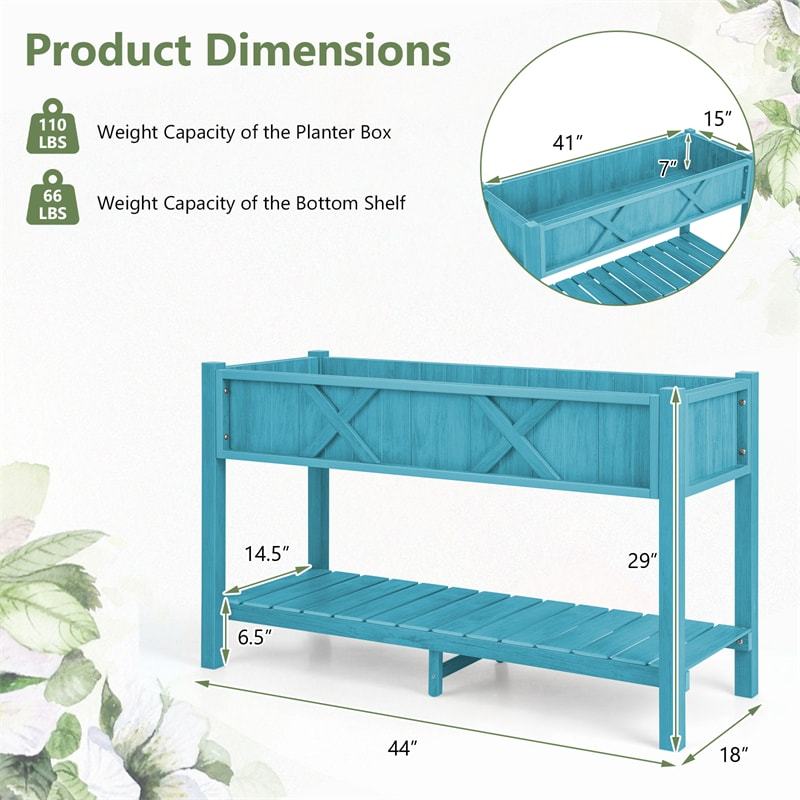 44" HIPS Raised Garden Bed with Legs, Storage Shelf & Drainage Holes, Weatherproof Elevated Planter Box for Backyard, Balcony, Flowers, Herbs
