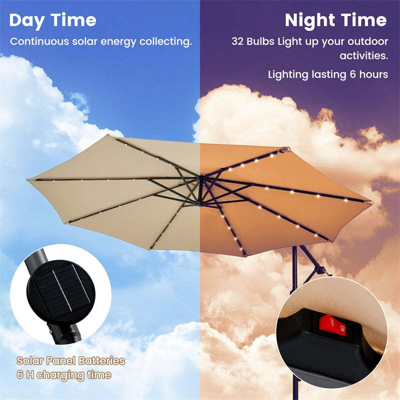 10FT Solar Offset Patio Umbrella, Hanging Cantilever Umbrella with 32 LED Lights, Adjustable Tilt, Sand Bag Base for Garden, Poolside, Yard