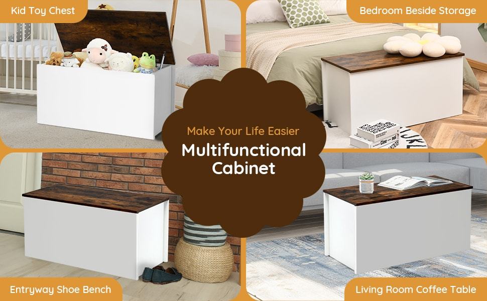 Flip-top Storage Chest with Pneumatic Rod & Safety Hinges 35.5” Storage Bench Deck Box for Toys Tools