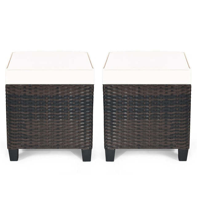 2 Pieces Rattan Patio Ottomans All Weather Outdoor Wicker Ottomans Footstools Footrests with Removable Cushions