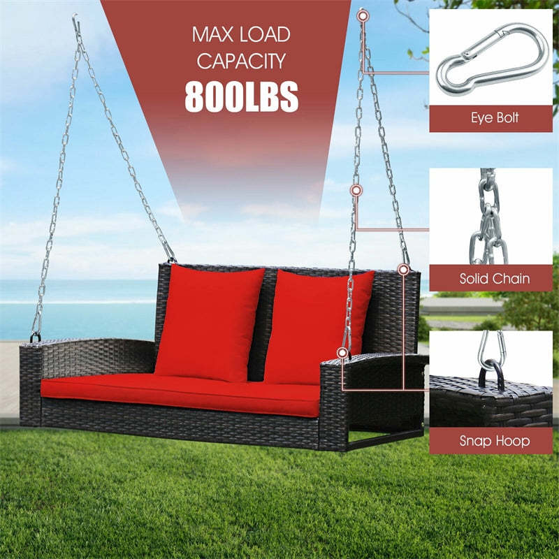 2-Person Wicker Patio Swing Bench with Removable Cushions & Reinforced Steel Chain, 800lbs Capacity Rattan Porch Swing for Backyard, Garden