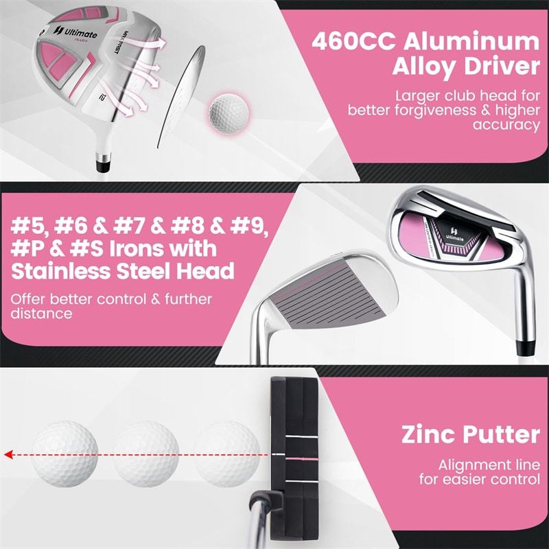 12 Pieces Women’s Complete Golf Club Set Right Hand, Golf Club Package Set with 460CC #1 Driver, Putter, Portable Golf Cart Bag & Rain Hood