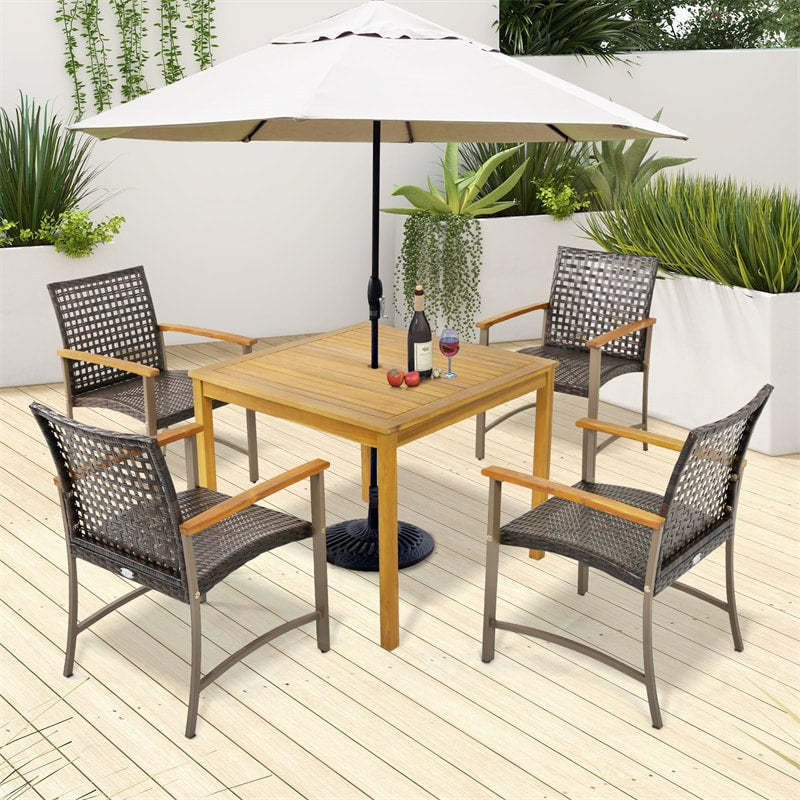 Patio Dining Chairs Set of 4, Outdoor PE Wicker & Metal Frame Chairs with Acacia Wood Armrests, Rattan Armchairs for Garden, Backyard, Poolside