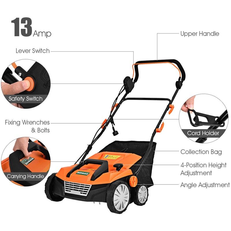 2-in-1 Electric Corded Lawn Dethatcher, 15-Inch 13Amp Lawn Scarifier with 5 Cutting Heights, 13.5 Gallon Collection Bag & 2 Removable Blades