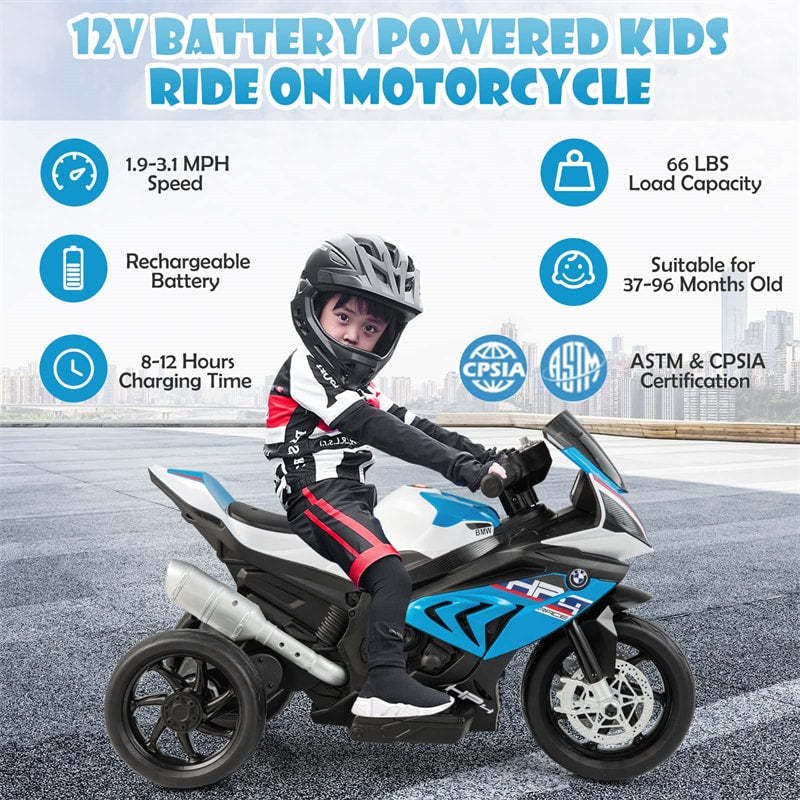 12V Kids Motorcycle, Licensed BMW Battery Powered 3-Wheel Motorcycle with Headlight, Music, Electric Ride-On Motorcycle for Ages 3+
