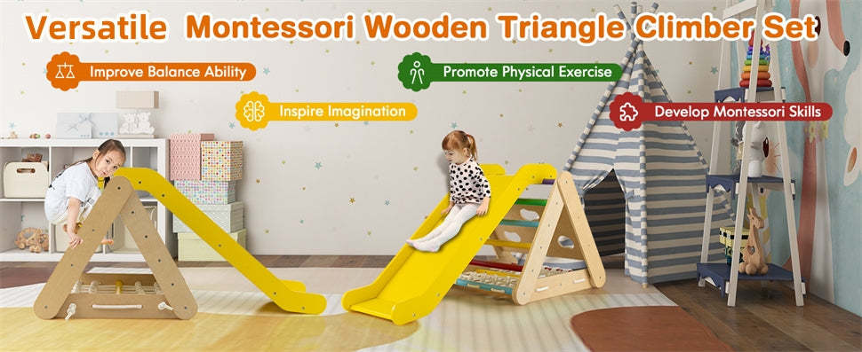 4-in-1 Pikler Triangle Climber Montessori Climbing Toys Wooden Climbing Triangle Ladder with Sliding Ramp, Climbing Net & Board
