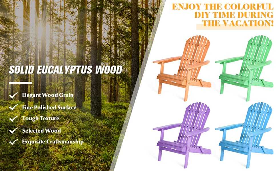 Eucalyptus Wood Folding Adirondack Chair, 400lb Capacity, Weather-Resistant Outdoor Lounge Chair, Oversized Fire Pit Chair for Patio, Deck, Backyard