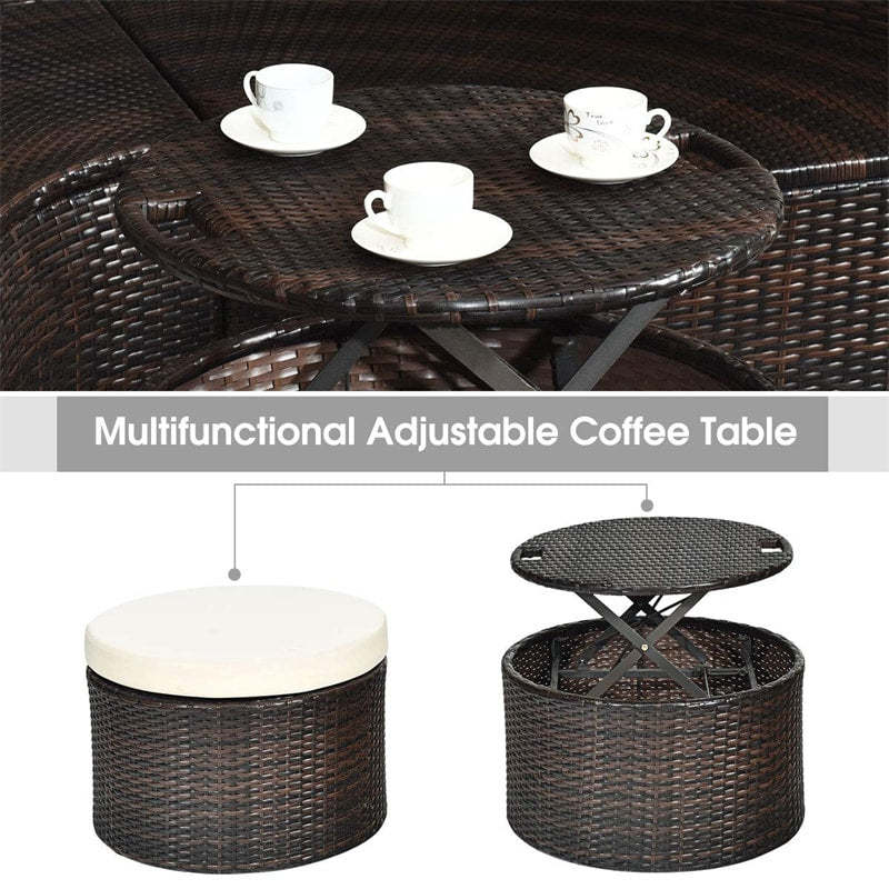 Round Patio Rattan Daybed with Retractable Canopy, Adjustable Coffee Table & Cushions, Outdoor Wicker Sectional Sofa for Poolside, Backyard