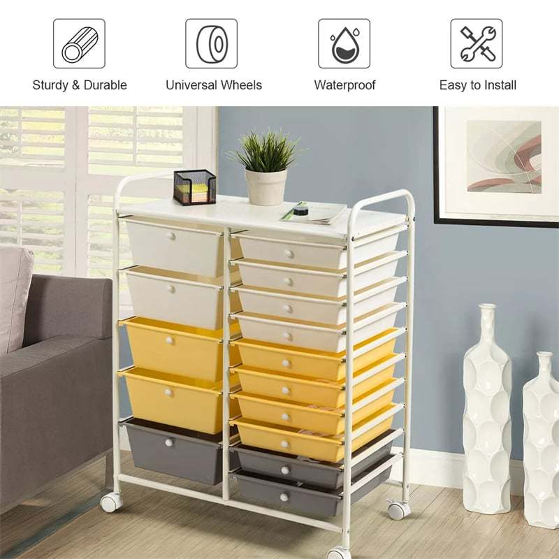 15-Drawer Rolling Storage Cart, Art &  Craft Organizer with Wheels & Removable Drawers for Tools, Scrapbook Paper, Home Office School