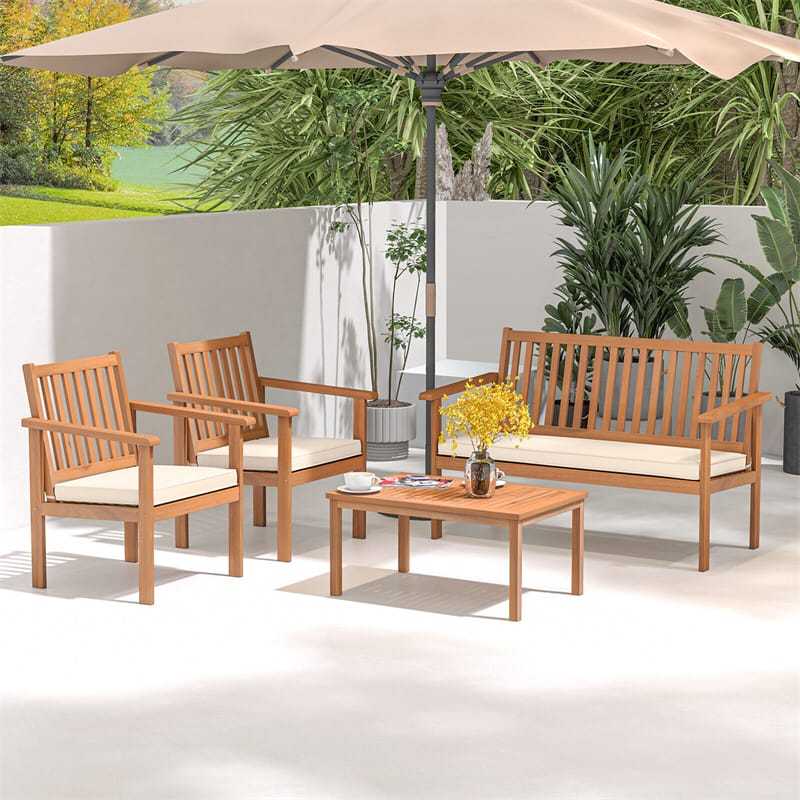 4 Piece Patio Wood Furniture Set Outdoor Acacia Wood Sofa Set with Loveseat, 2 Cushioned Chairs & Coffee Table for Porch Yard Balcony
