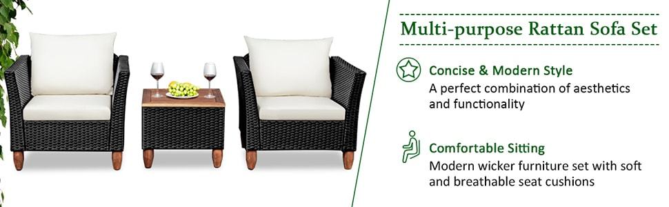 3 Piece Patio Rattan Conversation Set Outdoor Wicker Furniture Set Bistro Sofa Set with Acacia Wood Top Coffee Table & Cushions