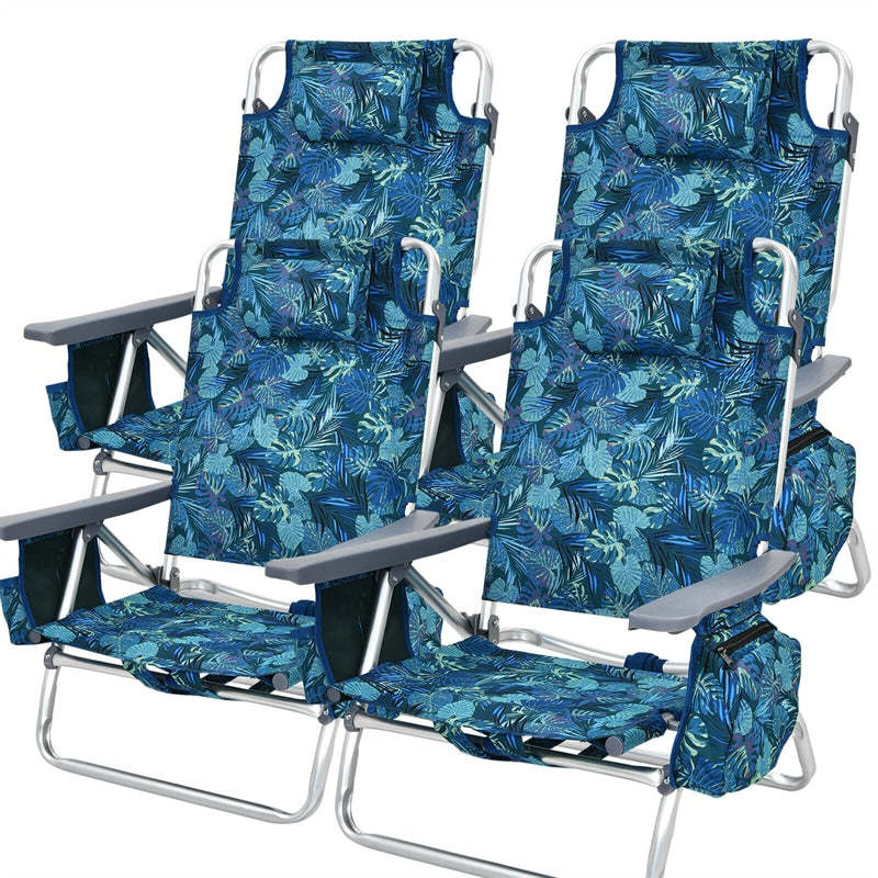 4 Pack Folding Backpack Beach Chairs, 5-Position Adjustable Sling Camping Chairs Reclining Beach Chairs with Head Pillows, Ice Pack, Cup Holder