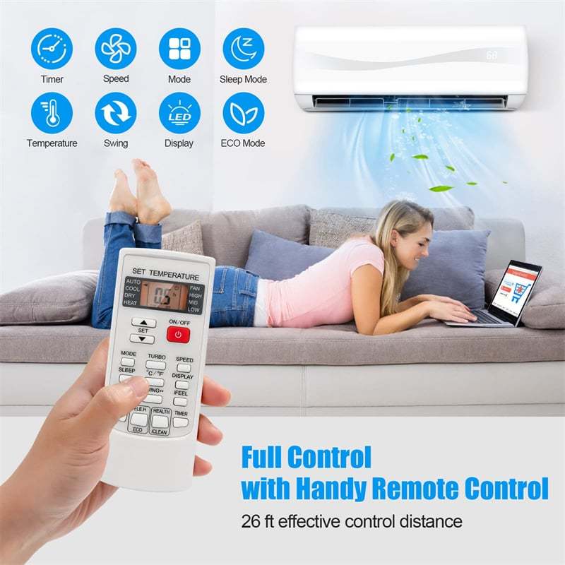 9000 BTU Mini Split Air Conditioner & Heater, 17 SEER2 208-230V Wall-Mount Ductless AC Inverter System with Heat Pump, Remote Control for 450 Sq.Ft
