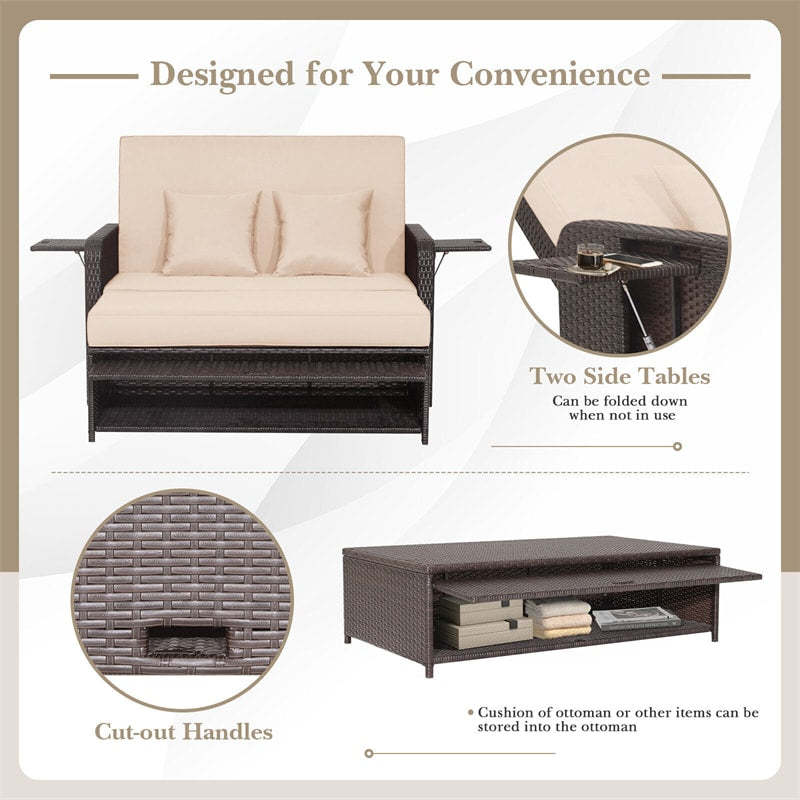 Patio Rattan Daybed Set, Outdoor Wicker Loveseat Sofa w/Multipurpose Ottoman, Retractable Side Tray, 4-Level Adjustable Backrest & Cushions