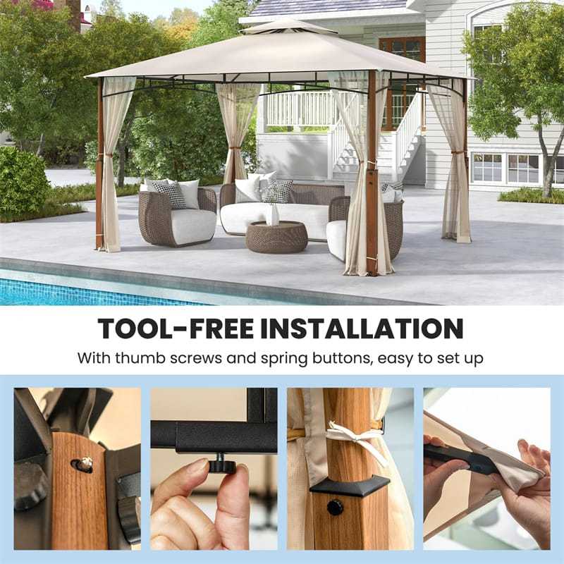 12' x 10' Outdoor Patio Gazebo with Netting, 2-Tier Canopy Roof Gazebo Tent Metal Frame Sunshade Shelter for Patio Yard Garden Lawn Deck