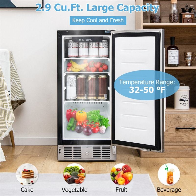 115 Can Beverage Refrigerator, 15 Inch Undercounter Drink Fridge with Stainless Steel Door, Removable Shelves, Built-In & Freestanding Beverage Cooler