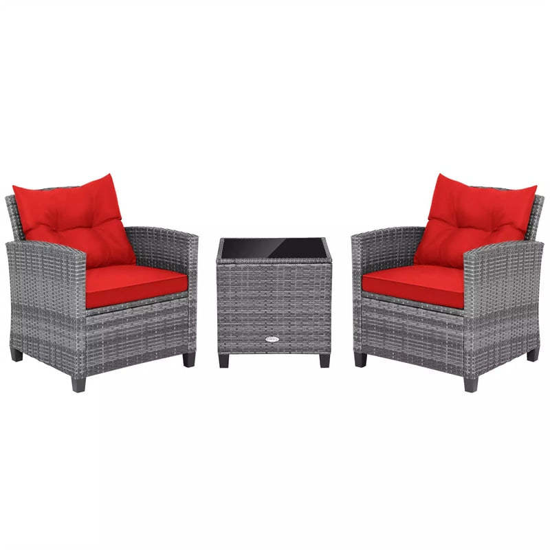 3PCS Patio Rattan Furniture Set Outdoor Conversation Set Wicker Bistro Set with Cushioned Chairs & Tempered Glass Side Table