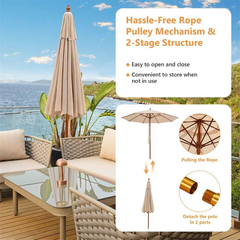 9.5FT Rope Pulley Lift Patio Umbrella Wooden Outdoor Market Umbrella Height Adjustable Table Parasol with 8 Fiberglass Ribs