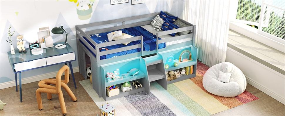 Twin Low Loft Bed for Kids, Wooden Loft Bed with Adjustable LED Lights, Stairs, Safety Guardrail, Storage Bookcase & Under Bed Play Area