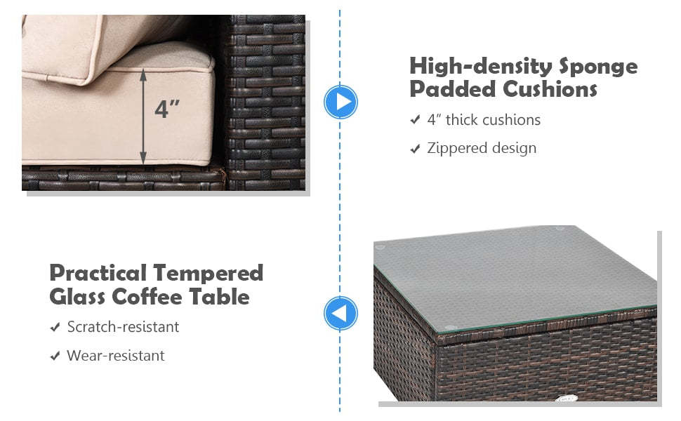 5 Piece Wicker Patio Rattan Furniture Set Outdoor Sectional Sofa with Glass Table & Cushions