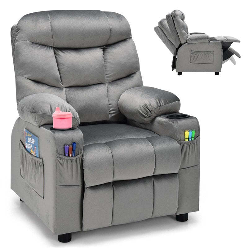 Kids Recliner Chair, Adjustable Velvet Recliner with Footrest, 2 Cup Holders & Side Pockets, Ergonomic Toddler Recliner Sofa for Boys Girls Room