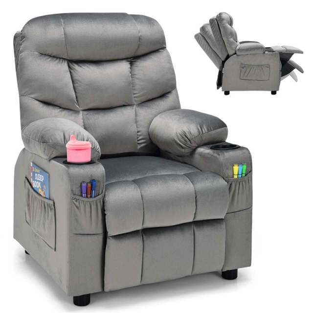 Kids Recliner Chair, Adjustable Velvet Recliner with Footrest, 2 Cup Holders & Side Pockets, Ergonomic Toddler Recliner Sofa for Boys Girls Room