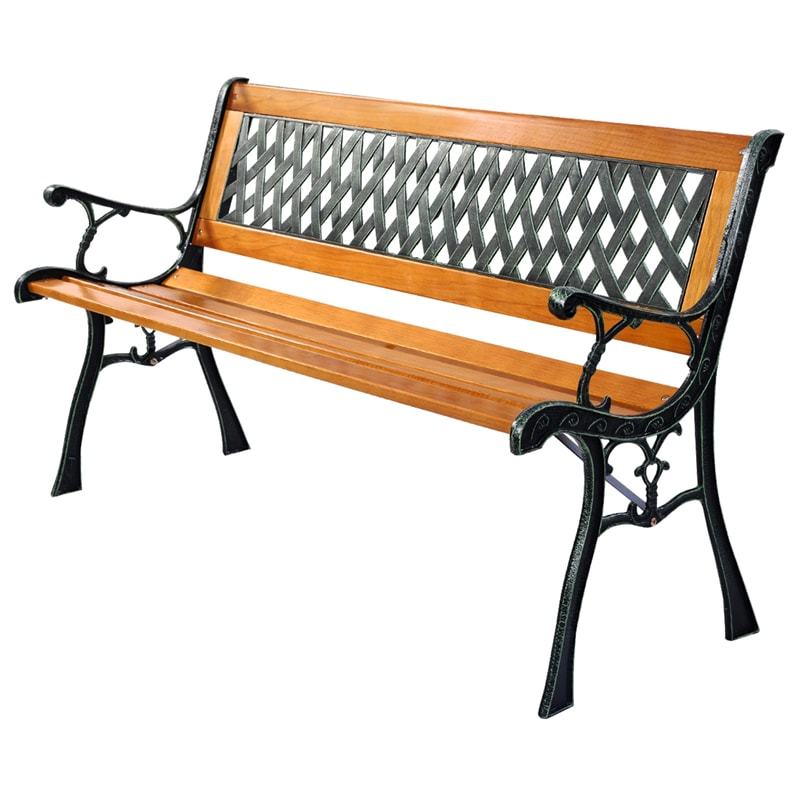 50" Patio Park Bench, Cast Iron Hardwood Outdoor Garden Bench with Backrest, Slatted Seat & Curved Armrests, Weatherproof Porch Path Chair