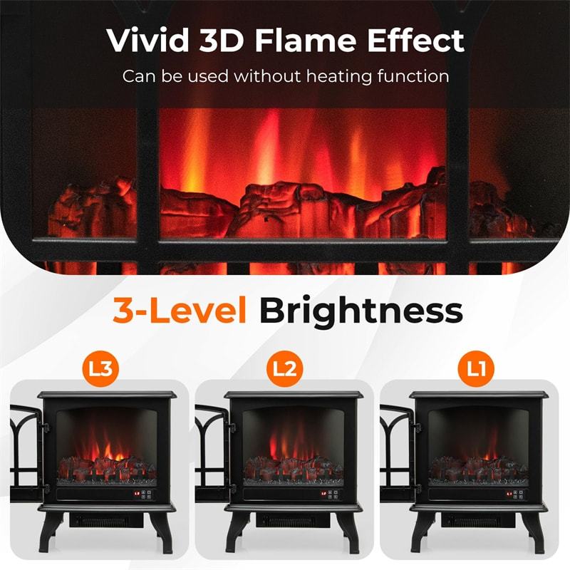 23" Electric Fireplace Stove, 1400W Freestanding 3-Sided Fireplace Heater with 3-Level Dimmable Flame, Remote Control, 6H Timer & Overheat Protection