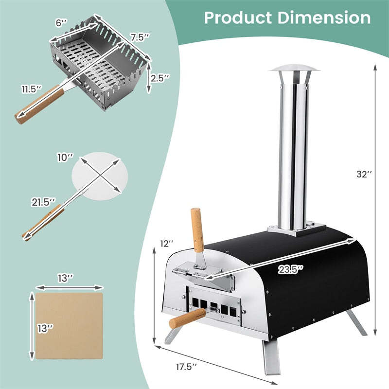 Multi-Fuel Outdoor Pizza Oven, Portable Propane & Wood Fired Pizza Maker with 13" Pizza Stone & Built-In Thermometer for Backyard, Camping Parties