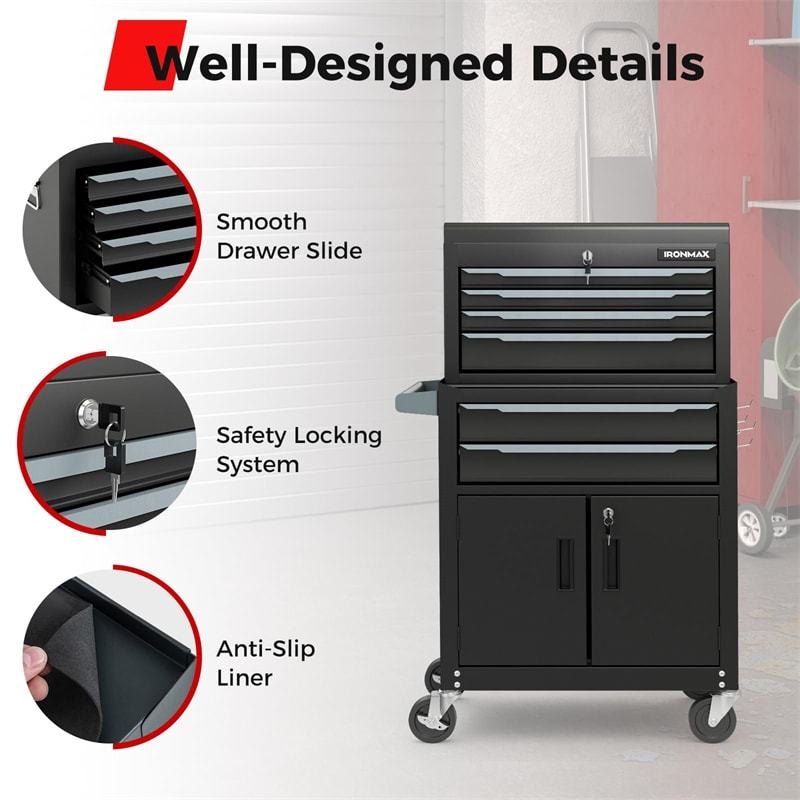 6-Drawer Rolling Tool Chest, Extra Large Tool Storage Cabinet with Lockable Wheels & Auto Lock, 2-in-1 Heavy-Duty Tool Box for Garage, Workshop