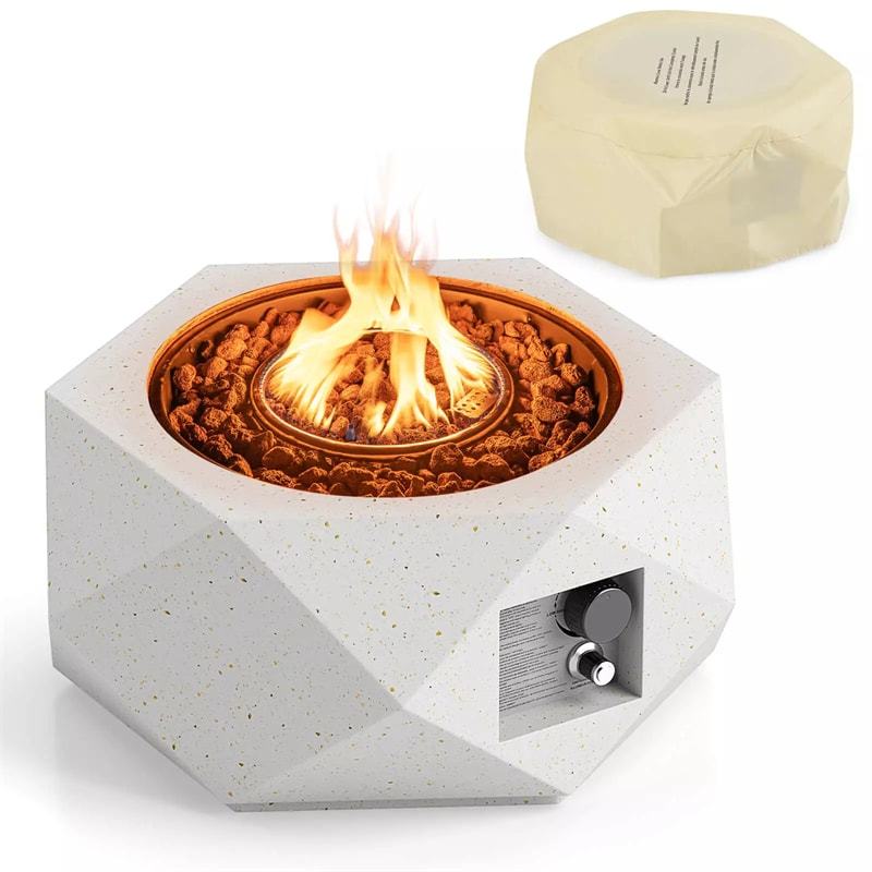 28" Propane Fire Pit Table, 40,000 BTU Hexagon Terrazzo Gas Fire Pit with Stainless Steel Burner, Lava Rocks, Protective Cover & Tank Seat for Patio