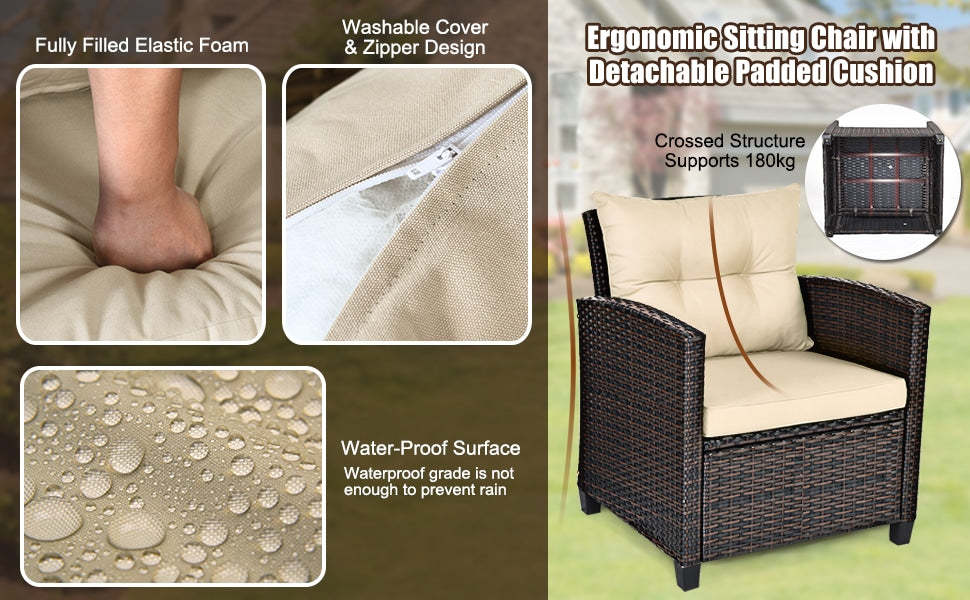 3 Pieces PE Rattan Wicker Chair Set with Seat Cushions