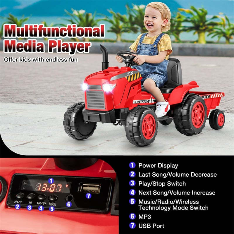 2-in-1 Kids Ride On Tractor with Detachable Trailer, 12V Electric Toy Car with Remote Control & LED Lights, Toddler Tractor for 3-8 Years