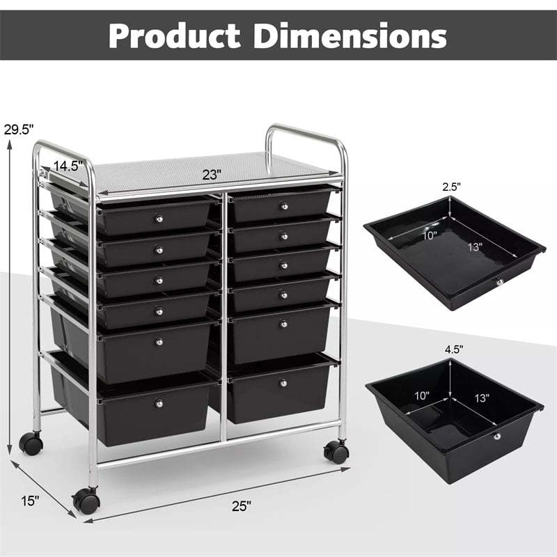 12-Drawer Rolling Storage Cart, Multipurpose Organizer Cart with Lockable Casters, Mobile Utility Cart for School Office Beauty Salon