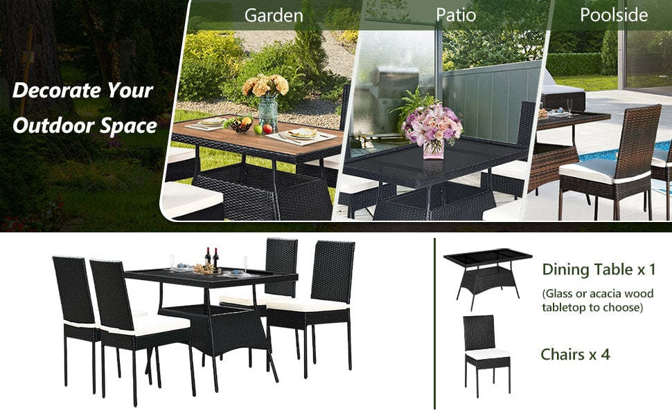 5 Piece Wicker Outdoor Rattan Patio Dining Set Glass Table & Cushioned Chairs