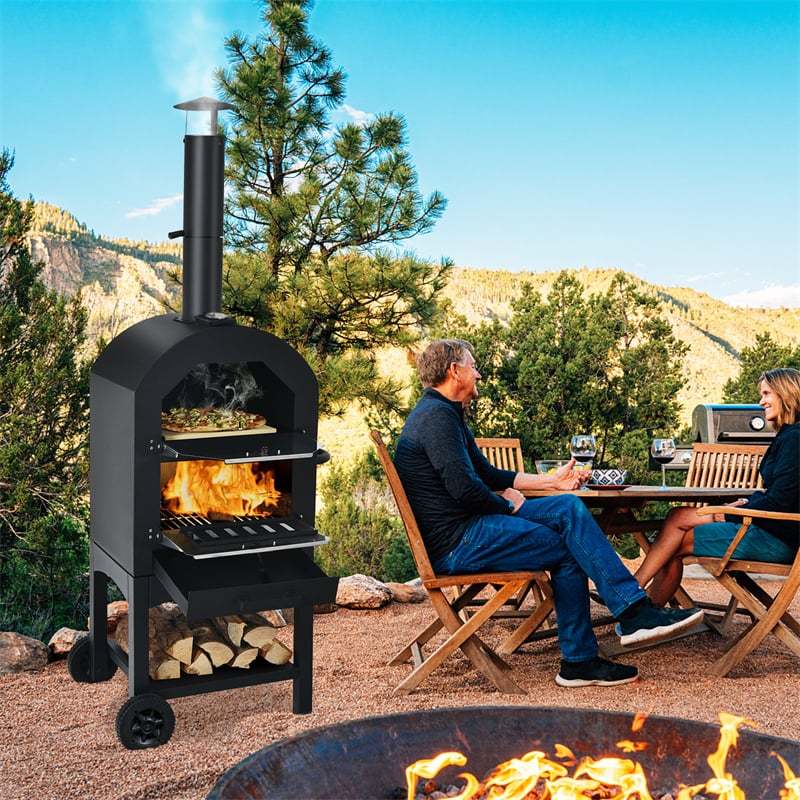 Outdoor Pizza Oven 2-Layer Wood Fired Pizza Oven with Wheels, Built-in Thermometer, Pizza Stone, Waterproof Cover, Portable Pizza Maker for BBQ Picnic