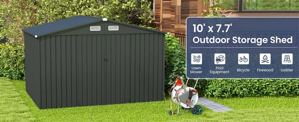 10' x 7.7' Outdoor Metal Storage Shed Galvanized Steel Utility Tool Storage House Waterproof Garden Shed with 4 Vents Lockable Doors
