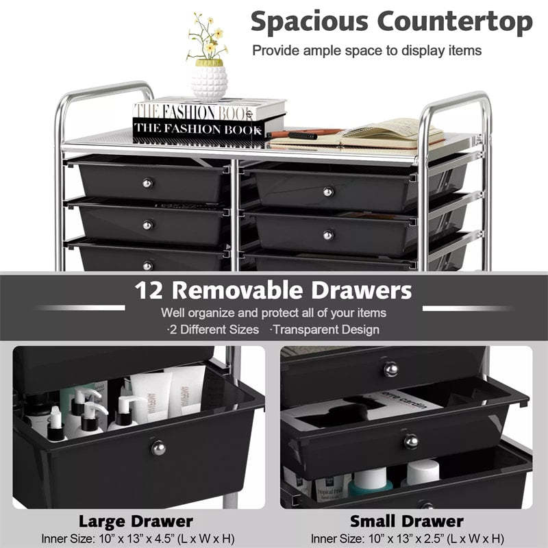 12-Drawer Rolling Storage Cart, Multipurpose Organizer Cart with Lockable Casters, Mobile Utility Cart for School Office Beauty Salon