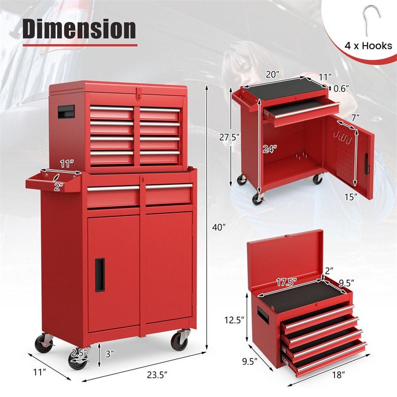 5-Drawer Rolling Tool Chest, Tool Storage Cabinet with Lockable Wheels, Detachable Top Tool Box & Adjustable Shelf for Garage, Workshop