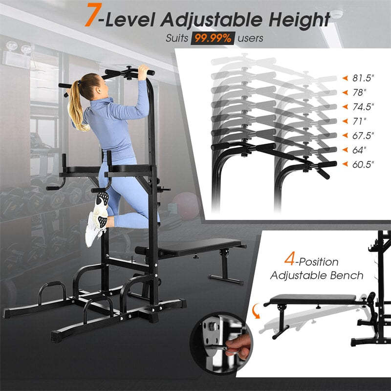 Adjustable Power Tower with Foldable Weight Bench, Multi-Function Pull-Up Bar Dip Station, Heavy Duty Full Body Workout Machine for Home Gym