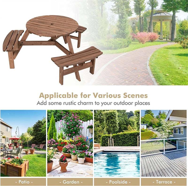 6 Person Outdoor Wood Picnic Table Backyard Garden Patio Round Table with 3 Built-in Benches & Umbrella Hole