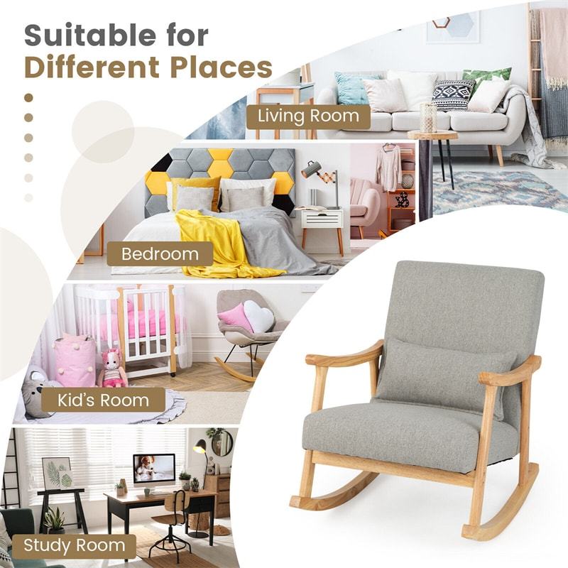 Upholstered Rocking Chair Modern Rocker with Rubber Wood Frame & Padded Pillow for Living Room Bedroom Nursery Office