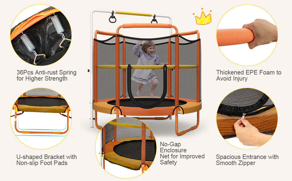 60" Kids Mini Trampoline 5 FT Toddler Recreational Trampoline with Swinging Rings & Horizontal Bar