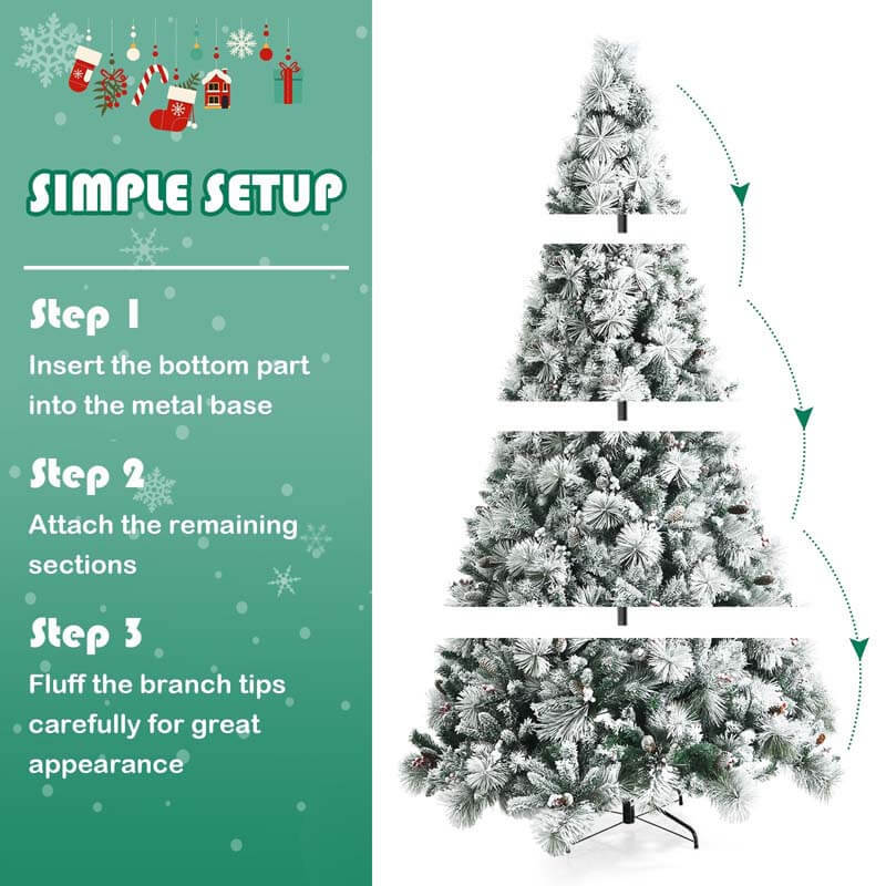8FT Snow Flocked Christmas Tree Glitter Tips with Pine Cone and Red Berries