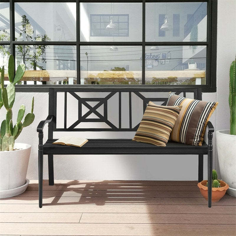 Heavy-Duty Outdoor Patio Garden Bench Loveseat with Decorative Backrest & Armrest